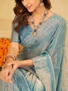 Powder Blue Fendy Satin Saree with White Floral Embroidery Border | Designer Party Wear Saree with Blouse