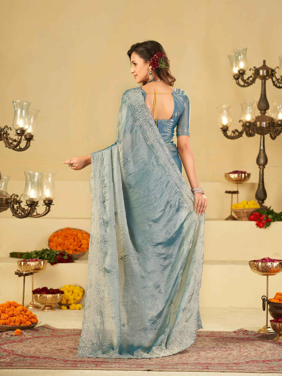 Powder Blue Fendy Satin Saree with White Floral Embroidery Border | Designer Party Wear Saree with Blouse