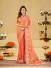 Peach Fendy Satin Saree with White Floral Embroidery Border | Designer Party Wear Saree with Blouse