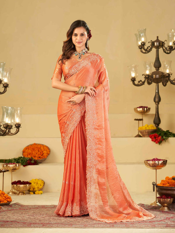 Peach Fendy Satin Saree with White Floral Embroidery Border | Designer Party Wear Saree with Blouse