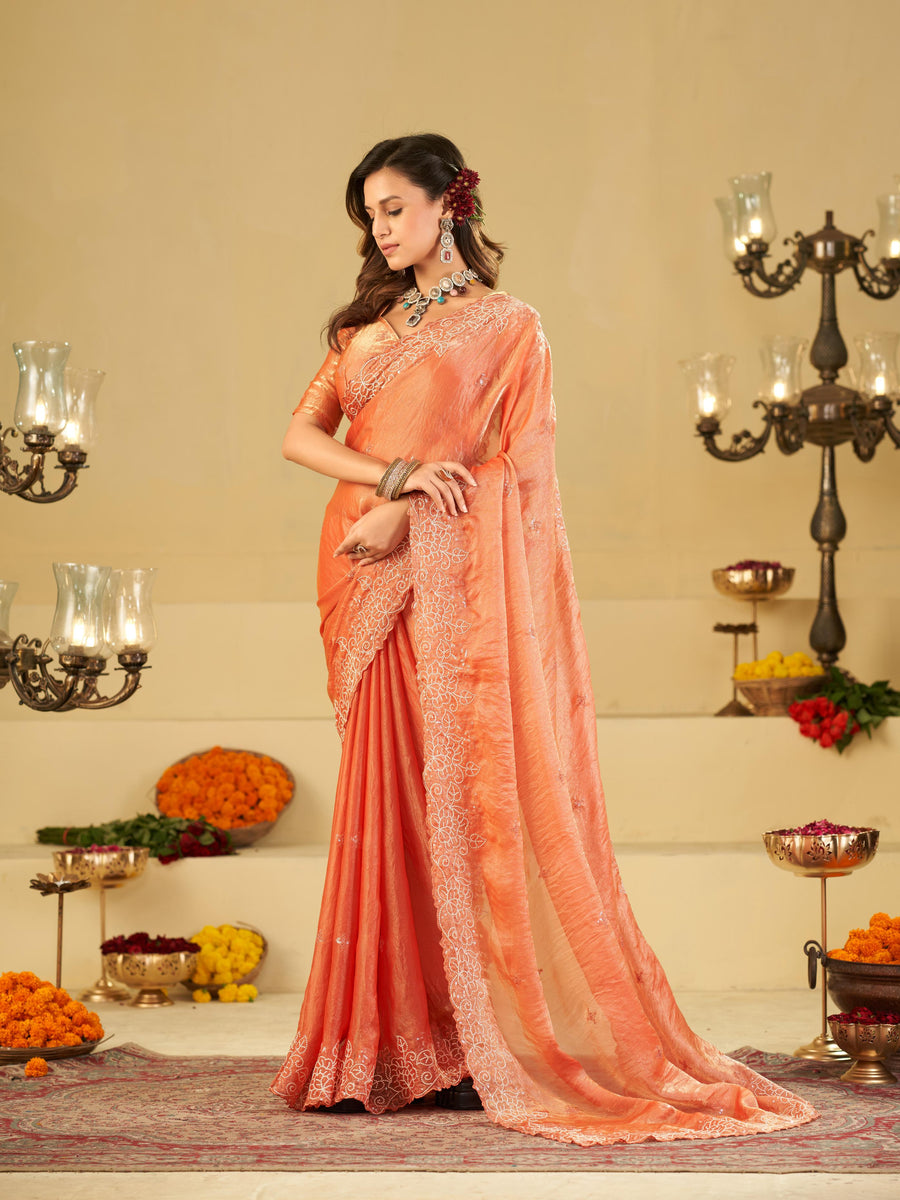Peach Fendy Satin Saree with White Floral Embroidery Border | Designer Party Wear Saree with Blouse