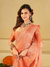 Peach Fendy Satin Saree with White Floral Embroidery Border | Designer Party Wear Saree with Blouse