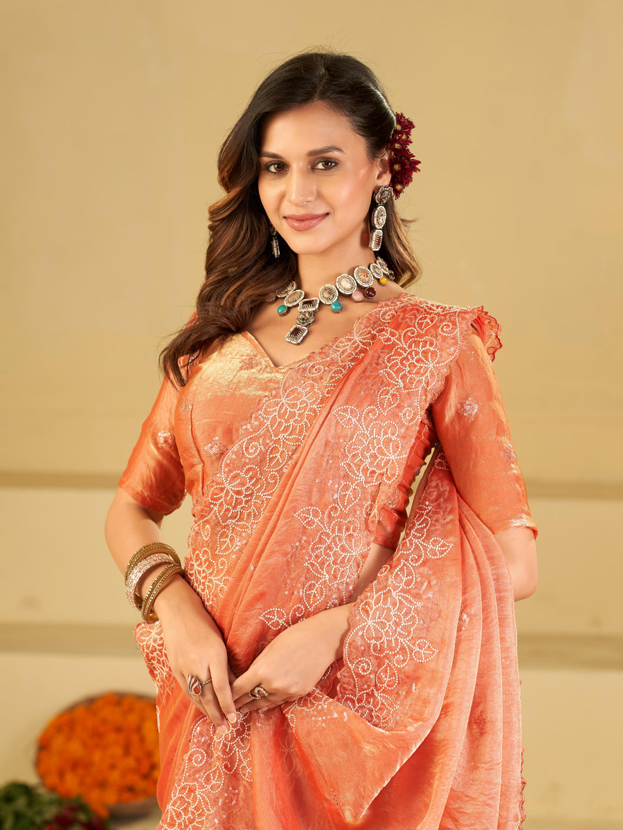 Peach Fendy Satin Saree with White Floral Embroidery Border | Designer Party Wear Saree with Blouse