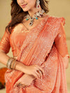 Peach Fendy Satin Saree with White Floral Embroidery Border | Designer Party Wear Saree with Blouse