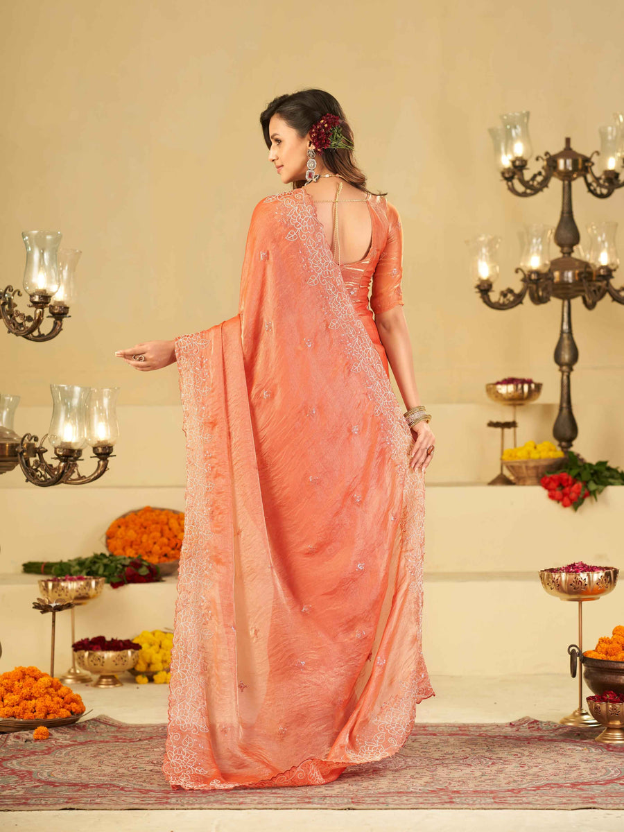 Peach Fendy Satin Saree with White Floral Embroidery Border | Designer Party Wear Saree with Blouse