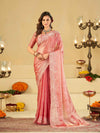 Baby Pink Fendy Satin Saree with White Floral Embroidery Border | Designer Party Wear Saree with Blouse