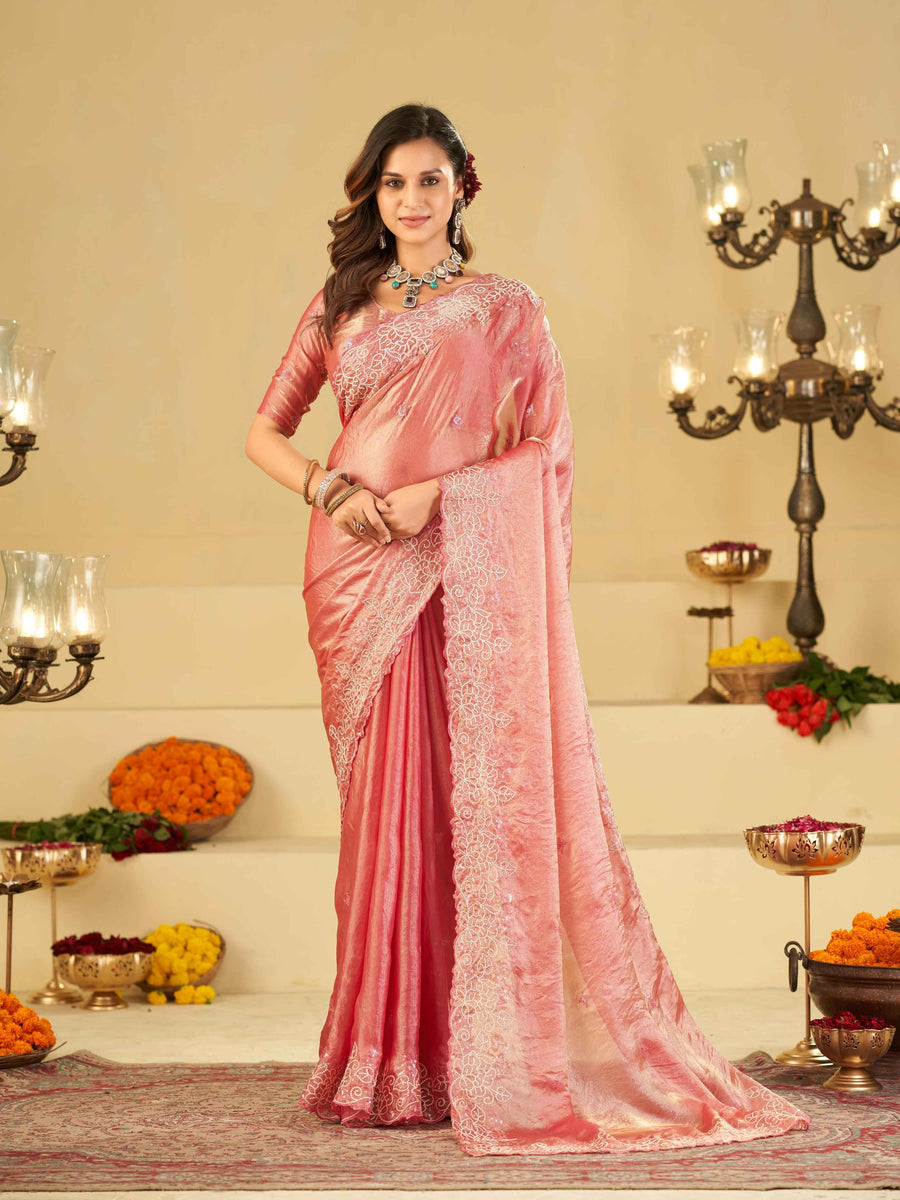 Baby Pink Fendy Satin Saree with White Floral Embroidery Border | Designer Party Wear Saree with Blouse