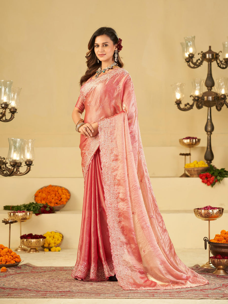 Baby Pink Fendy Satin Saree with White Floral Embroidery Border | Designer Party Wear Saree with Blouse