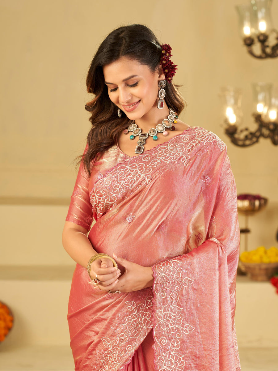 Baby Pink Fendy Satin Saree with White Floral Embroidery Border | Designer Party Wear Saree with Blouse