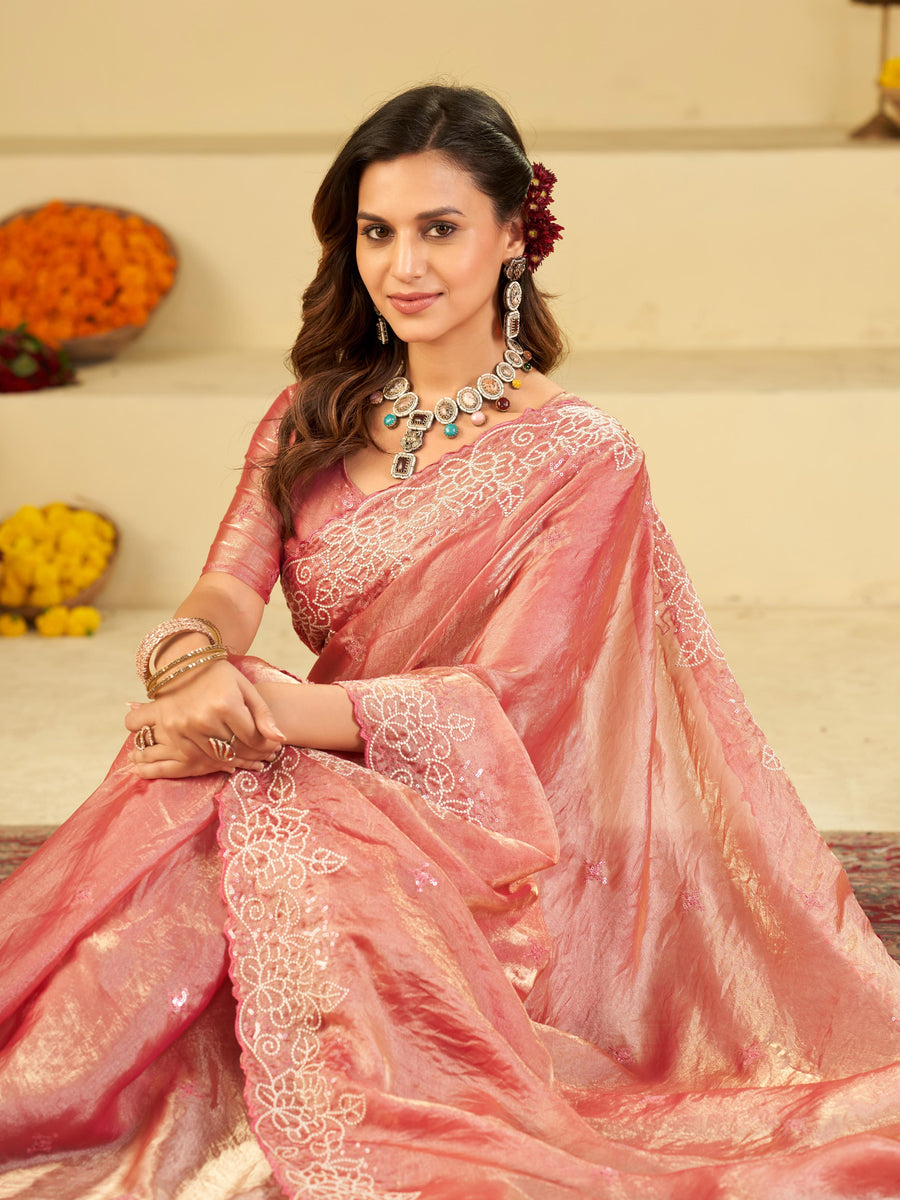 Baby Pink Fendy Satin Saree with White Floral Embroidery Border | Designer Party Wear Saree with Blouse