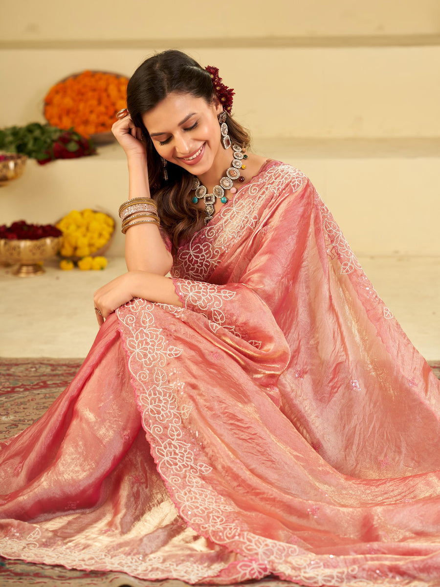 Baby Pink Fendy Satin Saree with White Floral Embroidery Border | Designer Party Wear Saree with Blouse