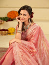 Baby Pink Fendy Satin Saree with White Floral Embroidery Border | Designer Party Wear Saree with Blouse
