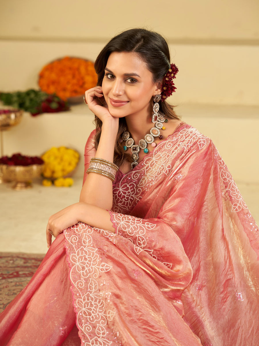 Baby Pink Fendy Satin Saree with White Floral Embroidery Border | Designer Party Wear Saree with Blouse