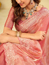 Baby Pink Fendy Satin Saree with White Floral Embroidery Border | Designer Party Wear Saree with Blouse