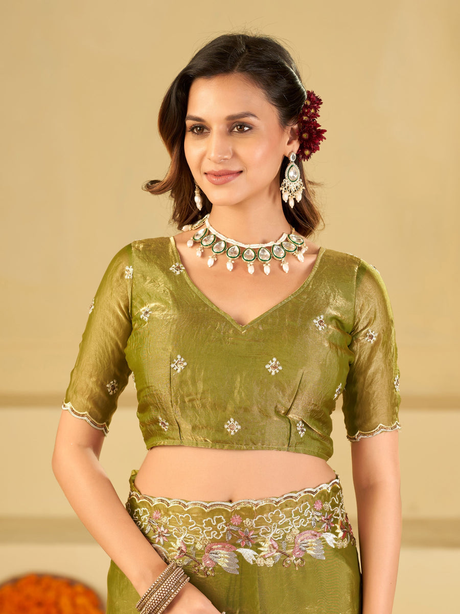 Olive Green Fendy Satin Saree with Multicolor Floral Embroidery Border | Designer Festive Party Wear Saree with Blouse