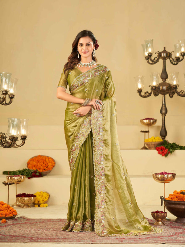 Olive Green Fendy Satin Saree with Multicolor Floral Embroidery Border | Designer Festive Party Wear Saree with Blouse