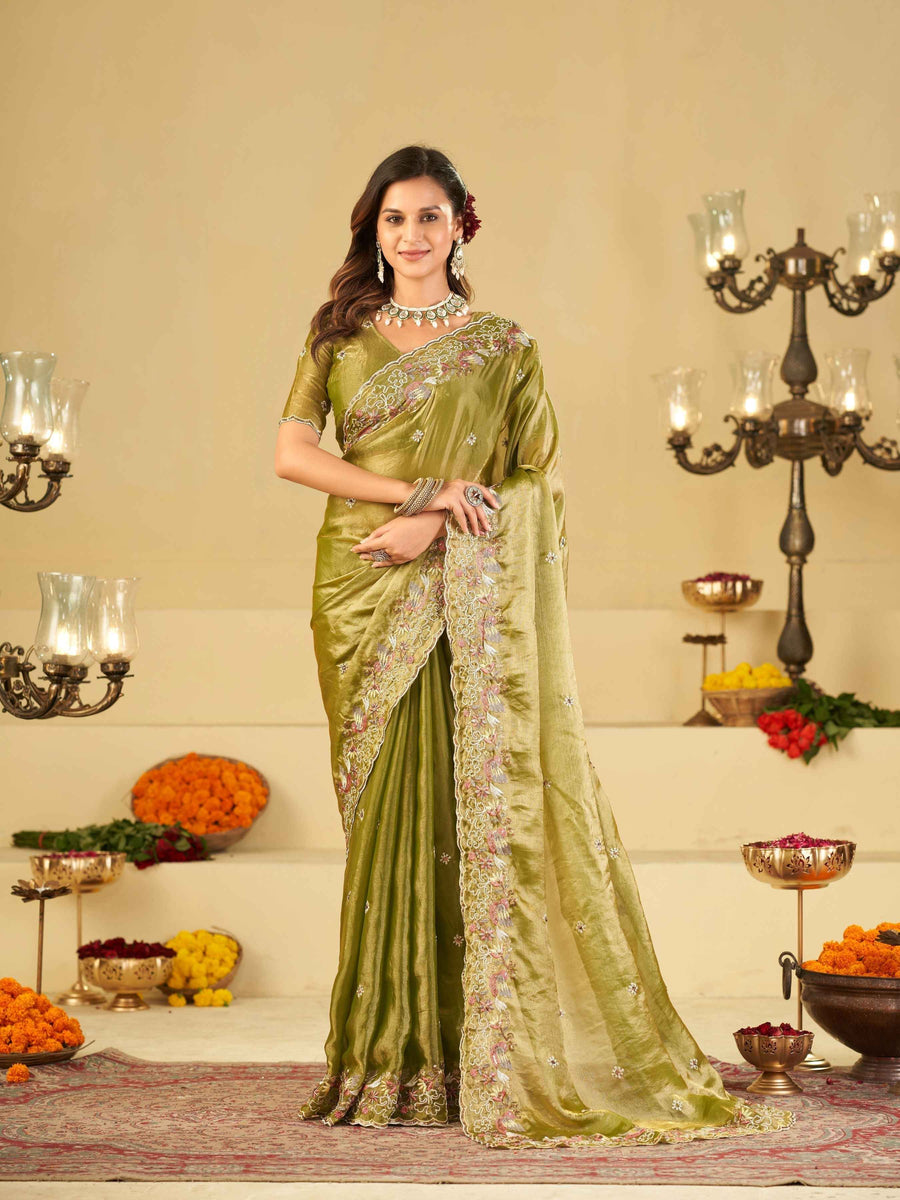 Olive Green Fendy Satin Saree with Multicolor Floral Embroidery Border | Designer Festive Party Wear Saree with Blouse