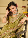 Olive Green Fendy Satin Saree with Multicolor Floral Embroidery Border | Designer Festive Party Wear Saree with Blouse