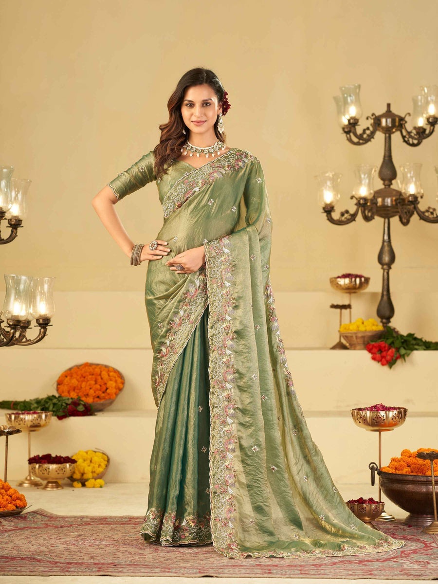 Sage Green Fendy Satin Saree with Multicolor Floral Embroidery Border | Designer Party Wear Saree with Blouse