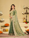Sage Green Fendy Satin Saree with Multicolor Floral Embroidery Border | Designer Party Wear Saree with Blouse