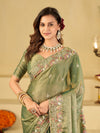 Sage Green Fendy Satin Saree with Multicolor Floral Embroidery Border | Designer Party Wear Saree with Blouse