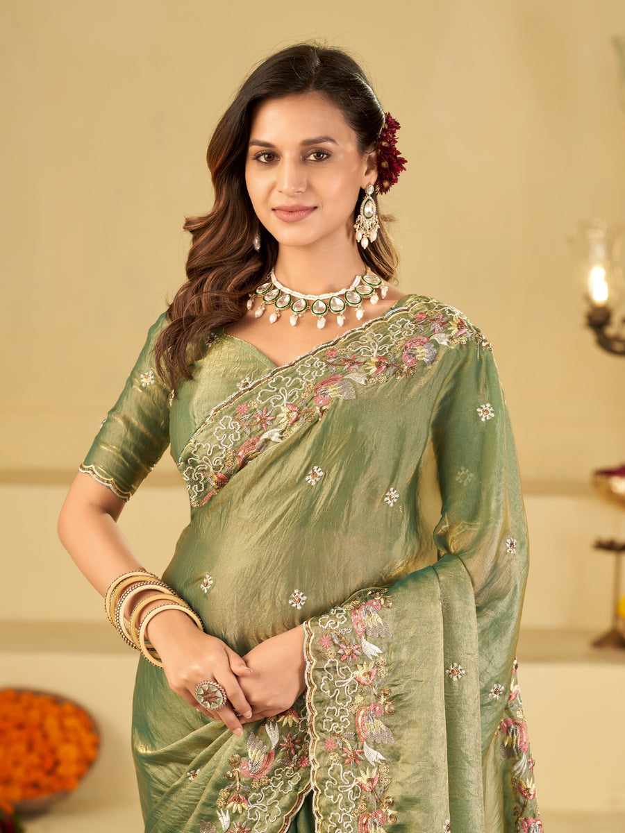 Sage Green Fendy Satin Saree with Multicolor Floral Embroidery Border | Designer Party Wear Saree with Blouse