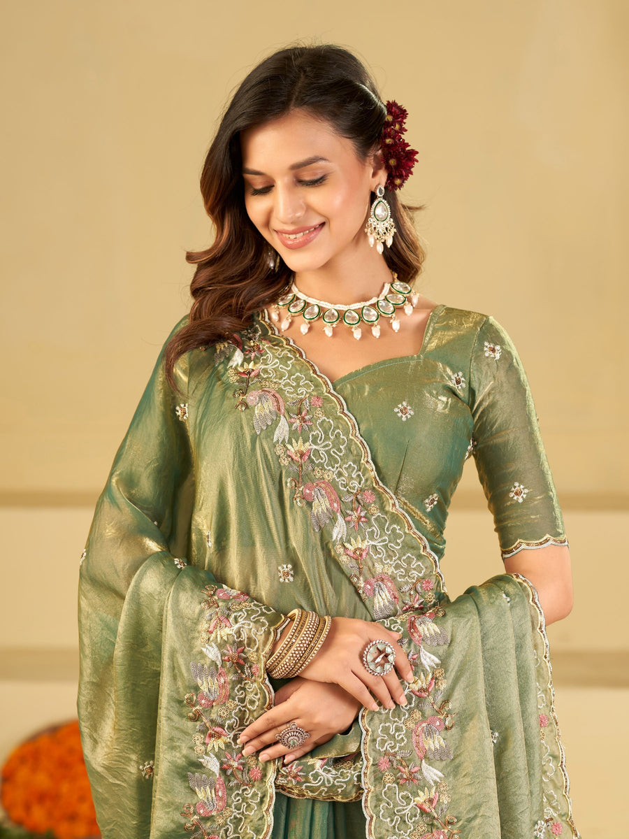 Sage Green Fendy Satin Saree with Multicolor Floral Embroidery Border | Designer Party Wear Saree with Blouse