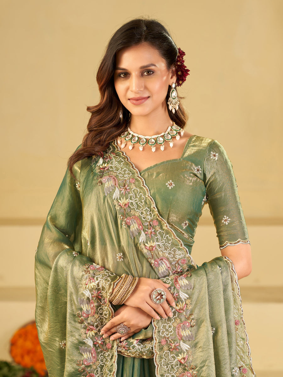 Sage Green Fendy Satin Saree with Multicolor Floral Embroidery Border | Designer Party Wear Saree with Blouse