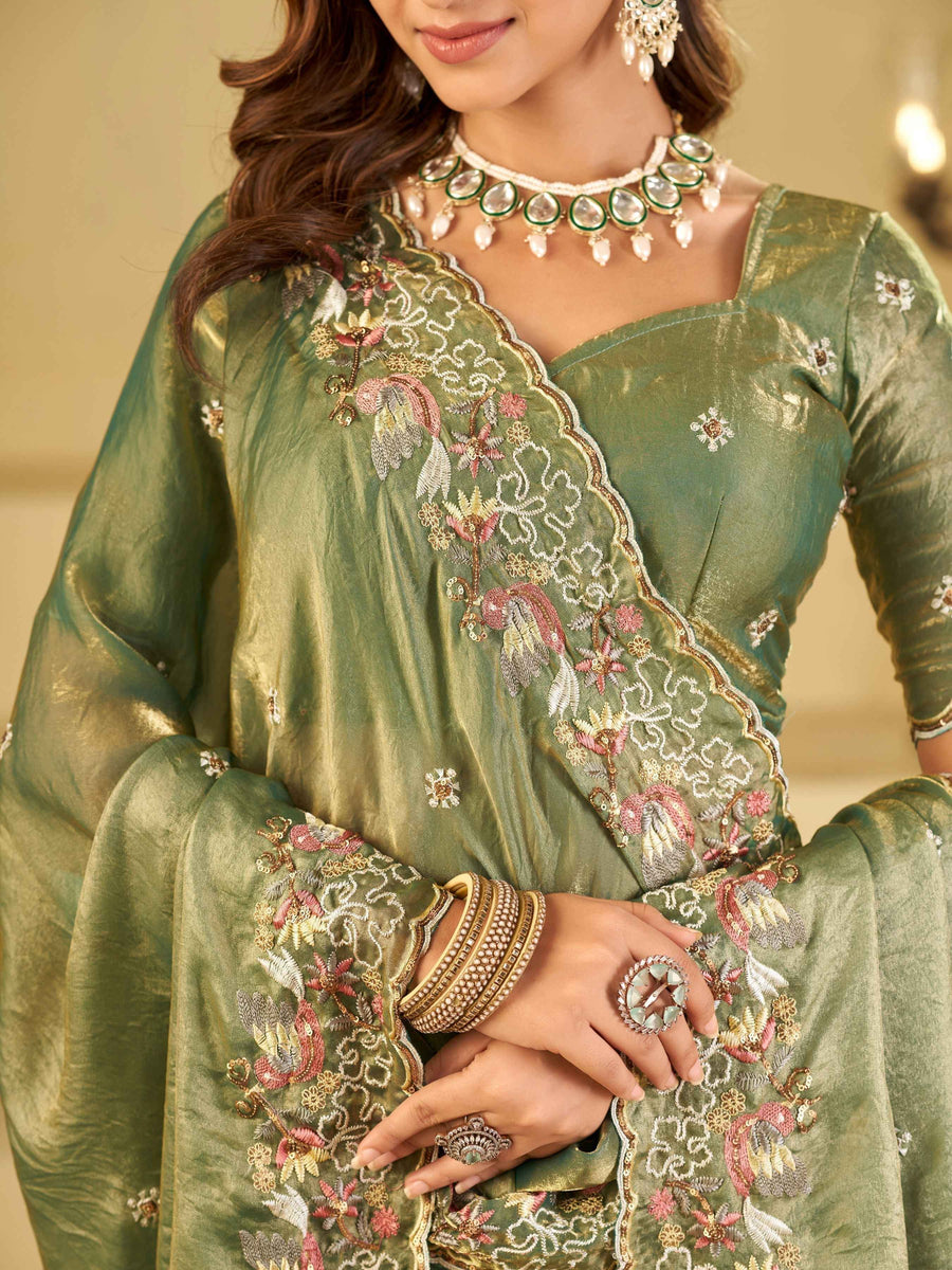 Sage Green Fendy Satin Saree with Multicolor Floral Embroidery Border | Designer Party Wear Saree with Blouse