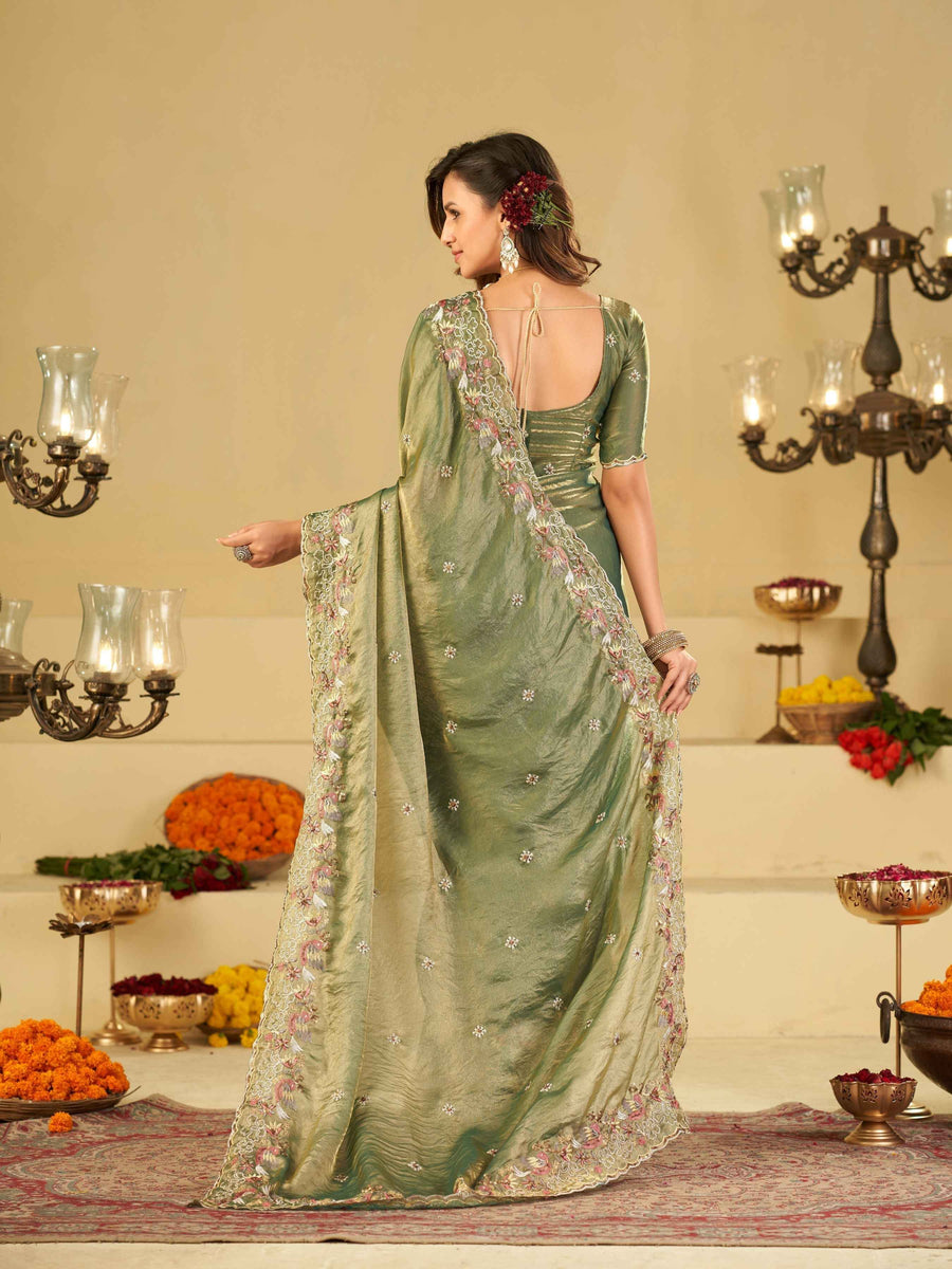 Sage Green Fendy Satin Saree with Multicolor Floral Embroidery Border | Designer Party Wear Saree with Blouse