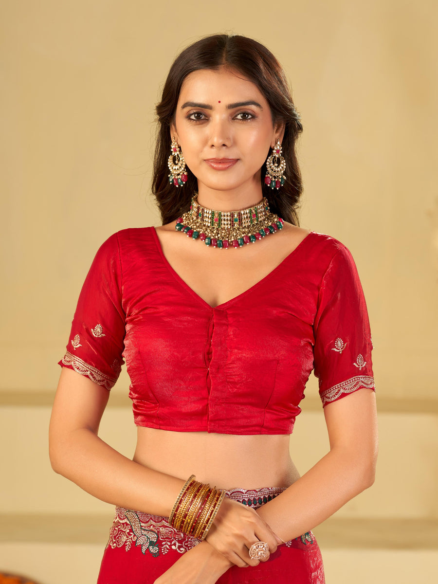Bright Red Designer Fendy Satin Saree with Heavy Embroidered Border | Premium Festive Party Wear Saree with Intricate Embroidery & Matching Blouse