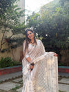 Off-White Pure Linen Digital Printed Saree with Striped Design and Unique Black Motif Pallu – Comes with Blouse Piece and Tassels