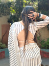 Off-White Pure Linen Digital Printed Saree with Striped Design and Unique Black Motif Pallu – Comes with Blouse Piece and Tassels
