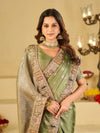Pastel Olive Green Banarasi Silk Saree with Floral Embroidered Border & Rich Zari Woven Pallu | Designer Wedding Festive Saree