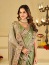 Pastel Olive Green Banarasi Silk Saree with Floral Embroidered Border & Rich Zari Woven Pallu | Designer Wedding Festive Saree