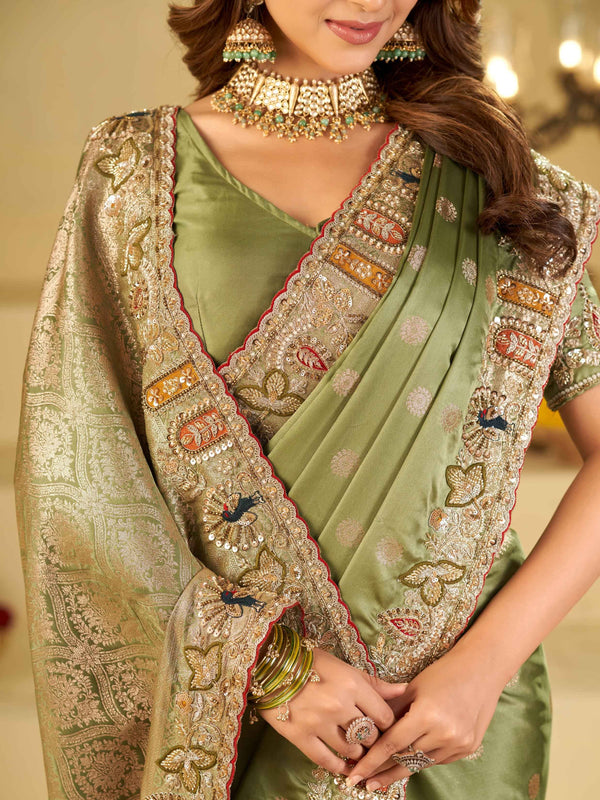 Pastel Olive Green Banarasi Silk Saree with Floral Embroidered Border & Rich Zari Woven Pallu | Designer Wedding Festive Saree