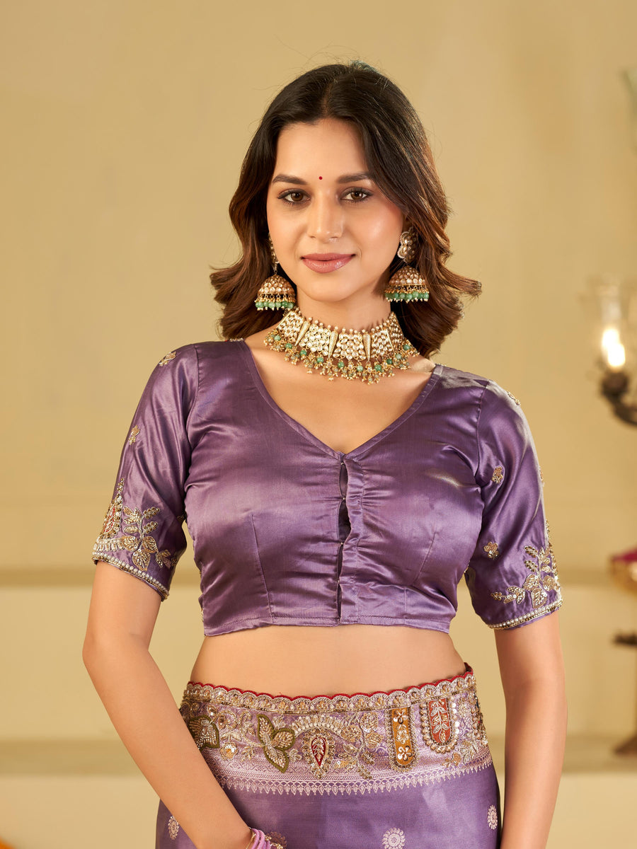 Lavender Purple Banarasi Silk Saree with Floral Embroidered Border & Rich Zari Woven Pallu | Designer Wedding Festive Saree