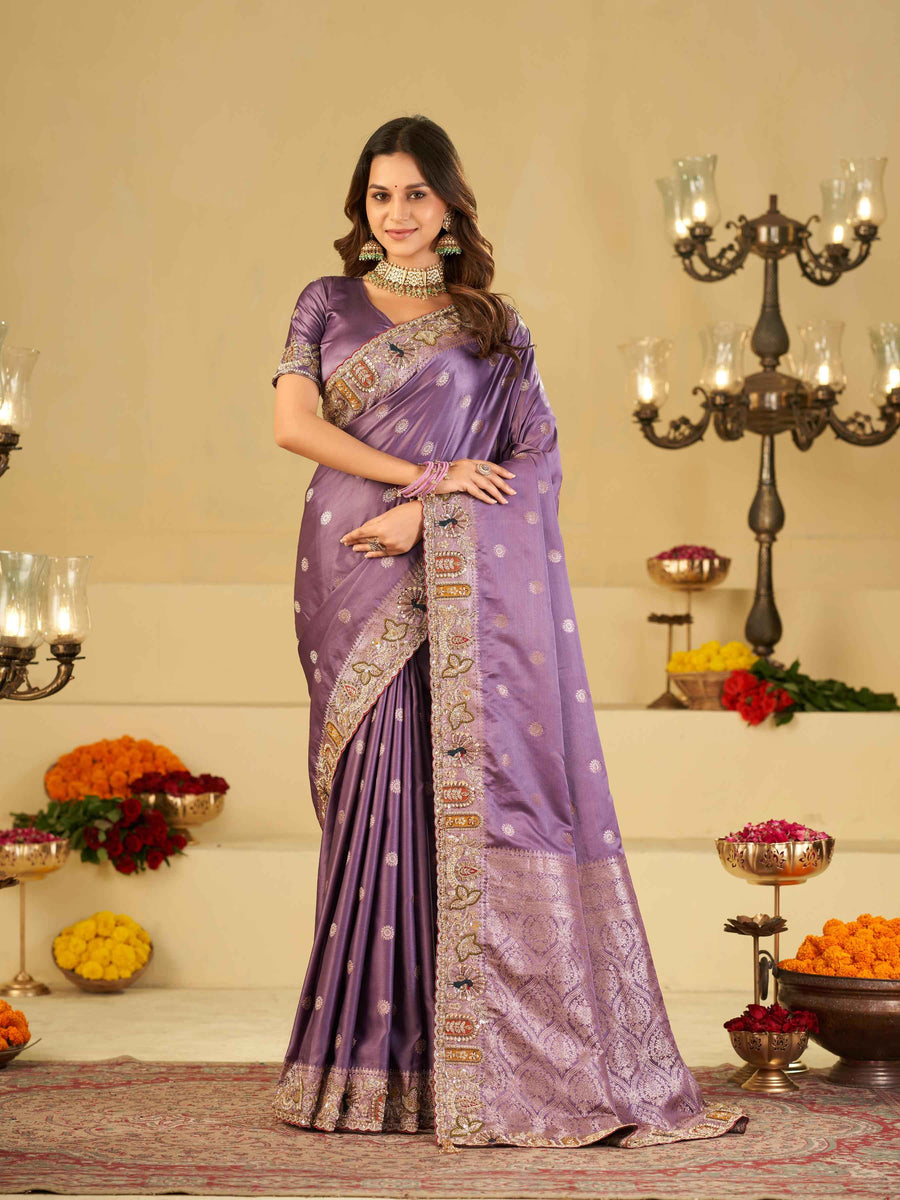 Lavender Purple Banarasi Silk Saree with Floral Embroidered Border & Rich Zari Woven Pallu | Designer Wedding Festive Saree