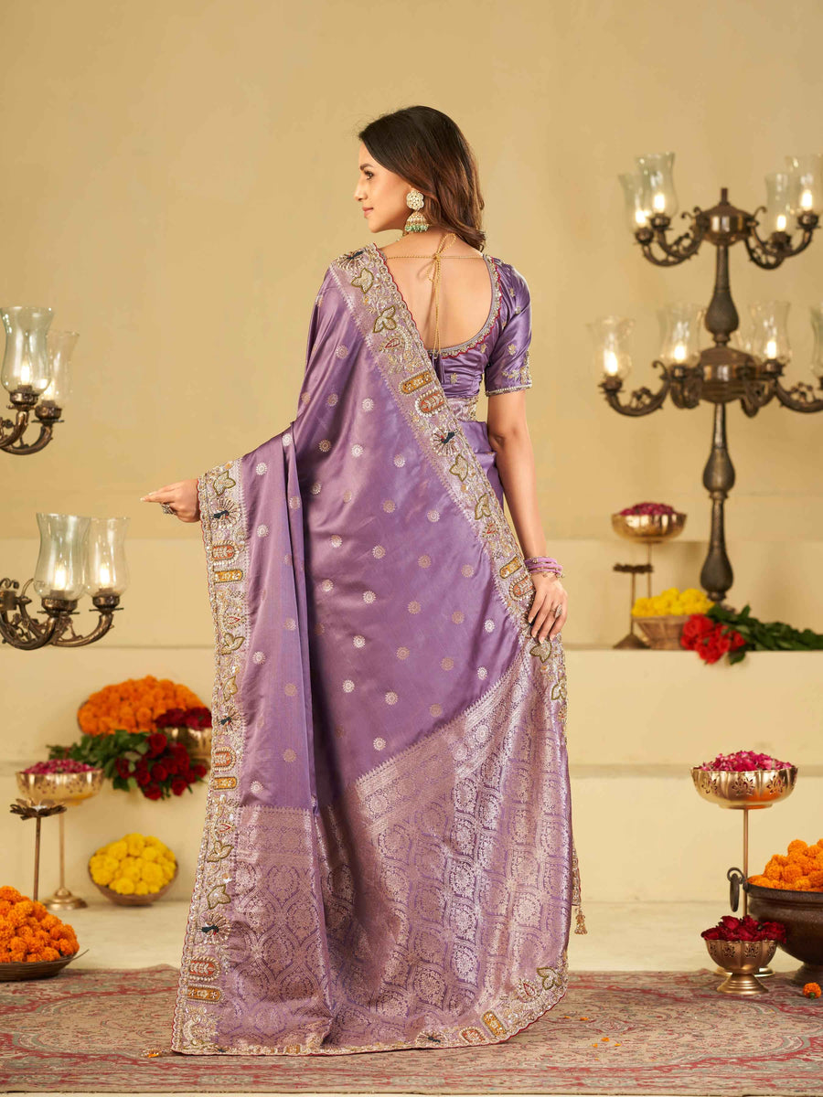 Lavender Purple Banarasi Silk Saree with Floral Embroidered Border & Rich Zari Woven Pallu | Designer Wedding Festive Saree