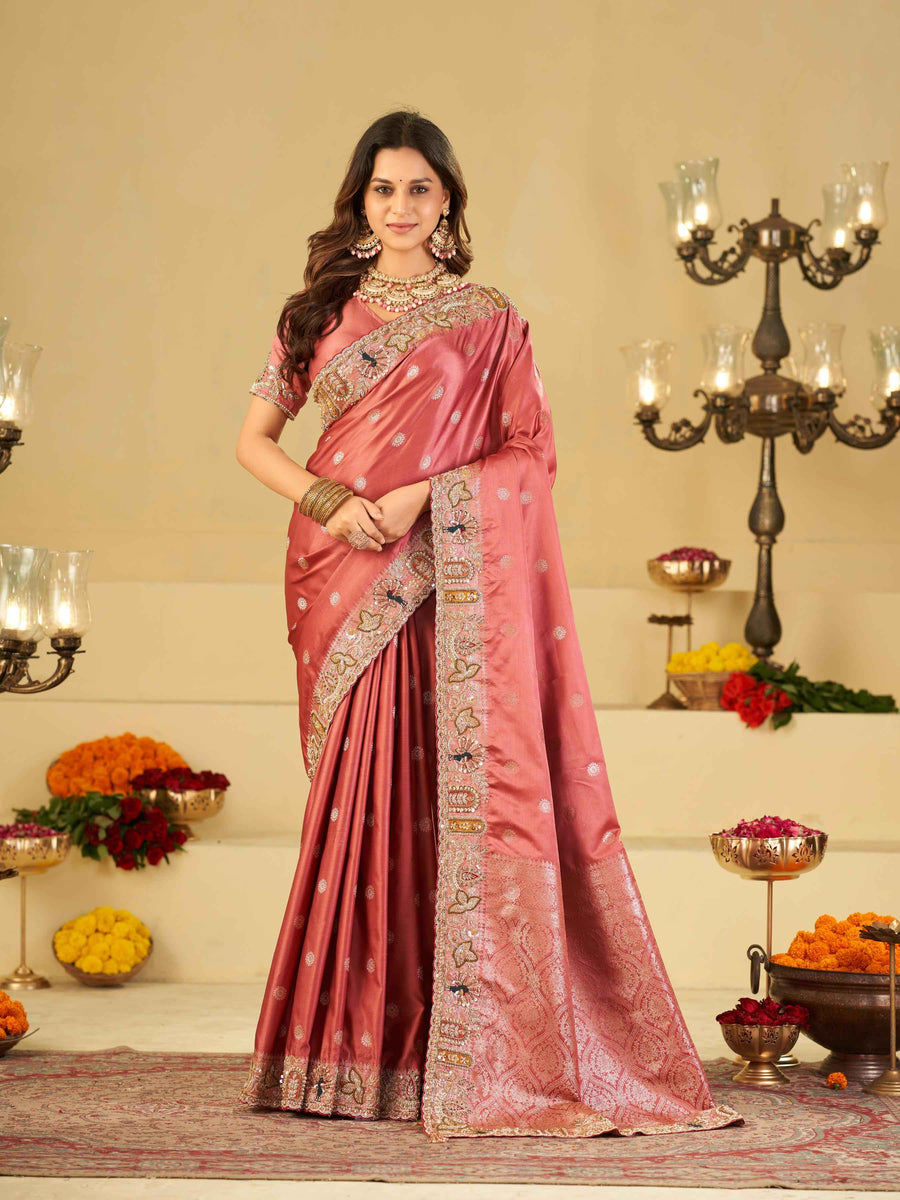 Rose Pink Banarasi Silk Saree with Floral Embroidered Border & Rich Zari Woven Pallu | Designer Wedding Festive Saree