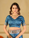 Steel Blue Banarasi Silk Saree with Floral Embroidered Border & Rich Zari Woven Pallu | Designer Wedding Festive Saree