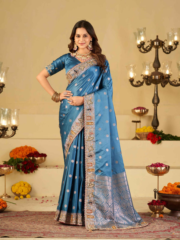 Steel Blue Banarasi Silk Saree with Floral Embroidered Border & Rich Zari Woven Pallu | Designer Wedding Festive Saree