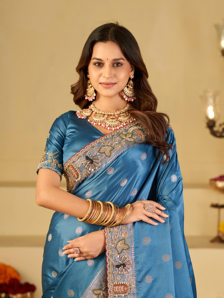 Steel Blue Banarasi Silk Saree with Floral Embroidered Border & Rich Zari Woven Pallu | Designer Wedding Festive Saree