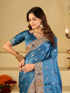 Steel Blue Banarasi Silk Saree with Floral Embroidered Border & Rich Zari Woven Pallu | Designer Wedding Festive Saree