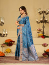 Steel Blue Banarasi Silk Saree with Floral Embroidered Border & Rich Zari Woven Pallu | Designer Wedding Festive Saree