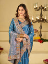 Steel Blue Banarasi Silk Saree with Floral Embroidered Border & Rich Zari Woven Pallu | Designer Wedding Festive Saree