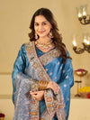 Steel Blue Banarasi Silk Saree with Floral Embroidered Border & Rich Zari Woven Pallu | Designer Wedding Festive Saree