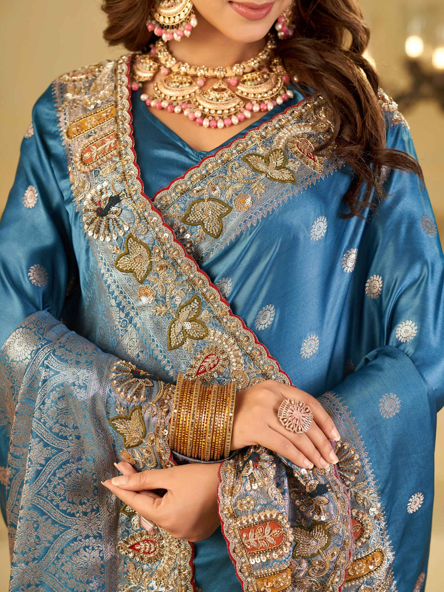 Steel Blue Banarasi Silk Saree with Floral Embroidered Border & Rich Zari Woven Pallu | Designer Wedding Festive Saree