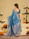 Steel Blue Banarasi Silk Saree with Floral Embroidered Border & Rich Zari Woven Pallu | Designer Wedding Festive Saree