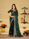 Bottle Green Fendy Satin Saree with White Floral Embroidery Border | Designer Party Wear Saree with Embroidered Blouse